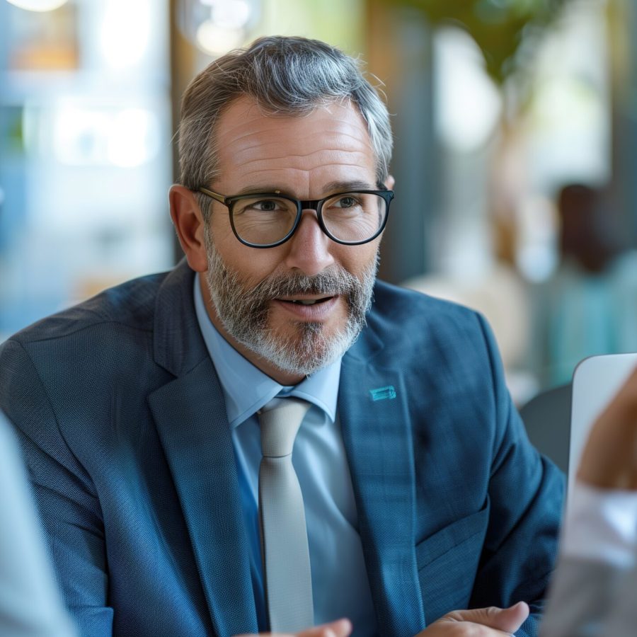 A confident financial advisor explaining investment options to attentive clients in a sleek, professional office environment