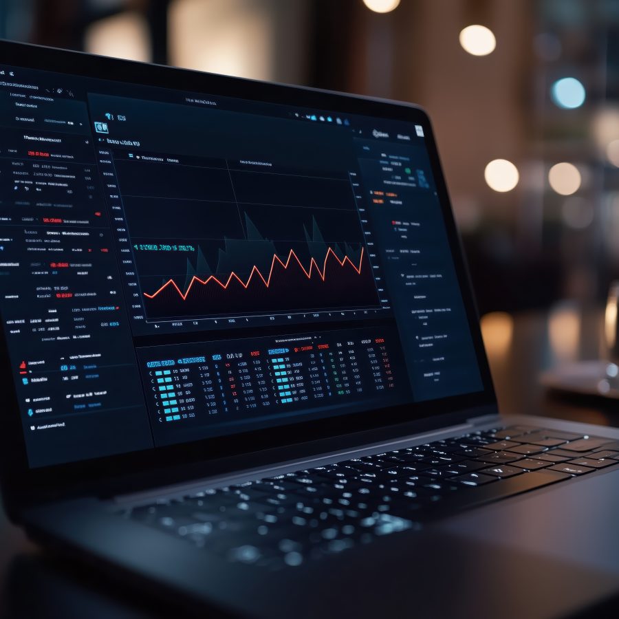 Late-night corporate office work: financial charts and data analysis displayed on open laptop Open laptop displaying financial charts and data analysis on screen, suggesting late-night work in a corporate office setting